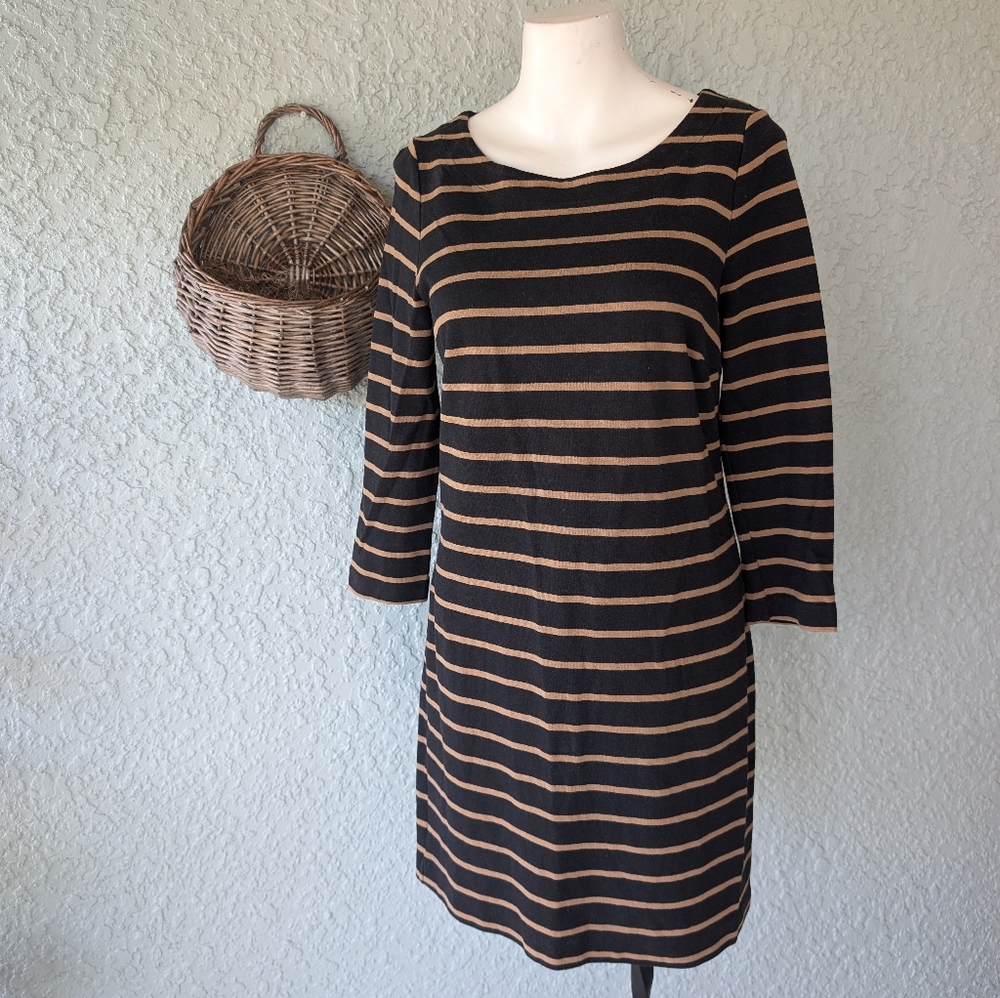 Boden US 10 Shift Dress‎ Knit Striped Midi Black Tan 3/4 Sleeve Back Zip size